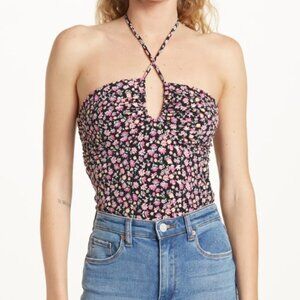 WAYF Floral Halter Neck Bodysuit Black Ditsy